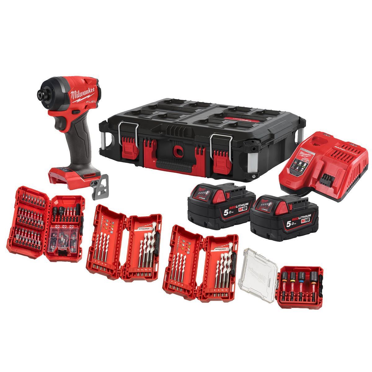 Milwaukee M18FID3100P-502P 18V FUEL Brushless 1/4" Impact Driver with 2 x 5.0Ah Batteries, Charger, Packout Case & Accessories Set 4933499037
