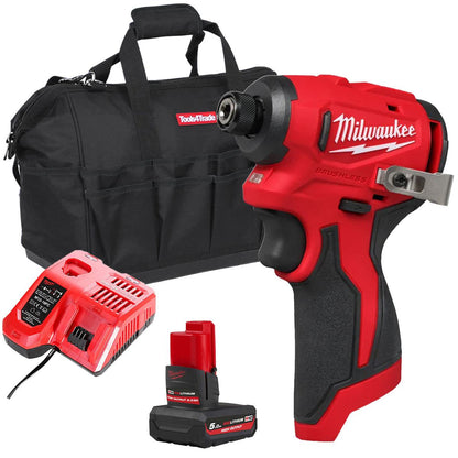 Milwaukee M12BLIDRC-0 12V Brushless Compact Impact Driver with 1 x 5.0Ah Battery Charger & Bag