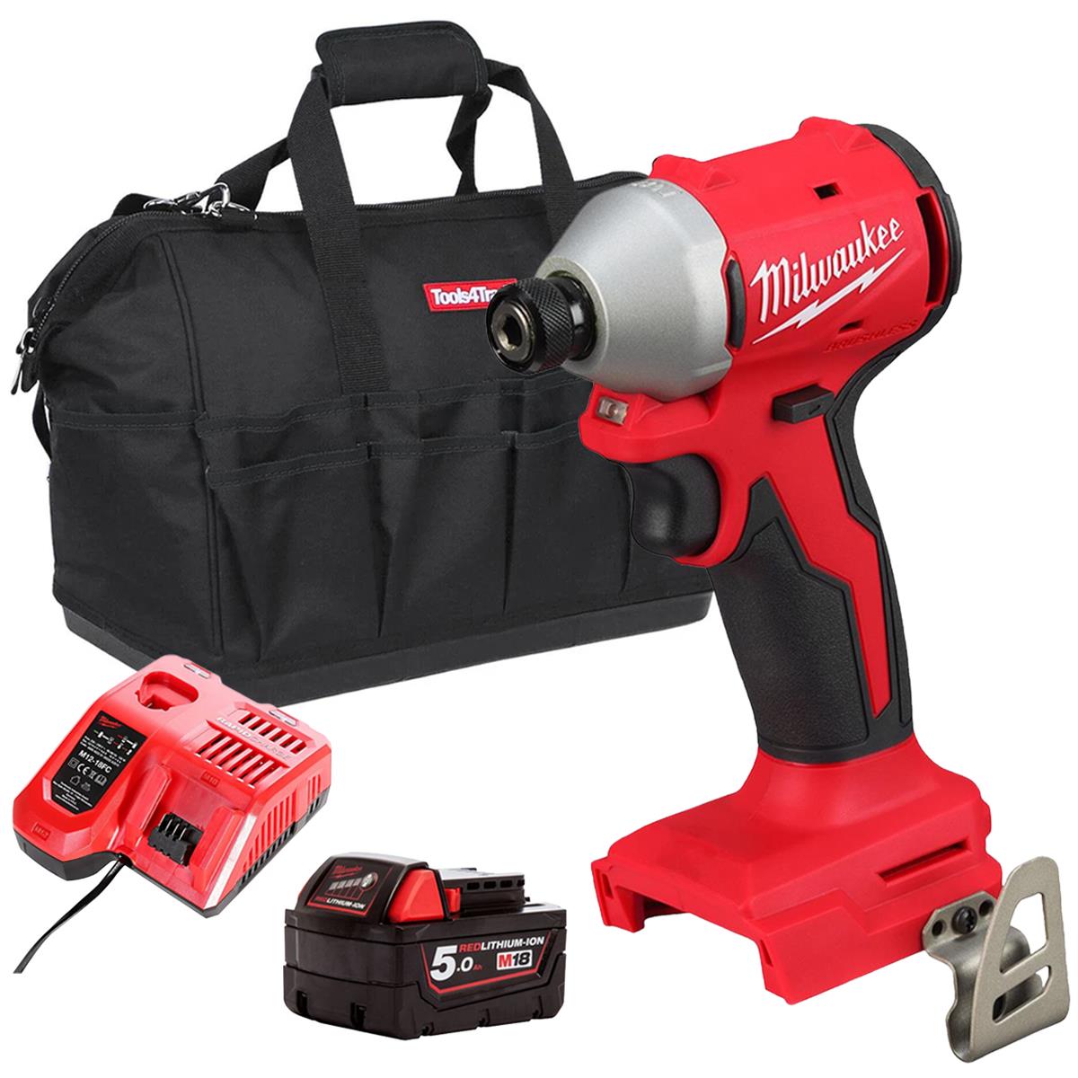Milwaukee M18BLIDRC-0 18V Brushless 1/4" Impact Driver with 1 x 5.0Ah Battery Charger & Bag