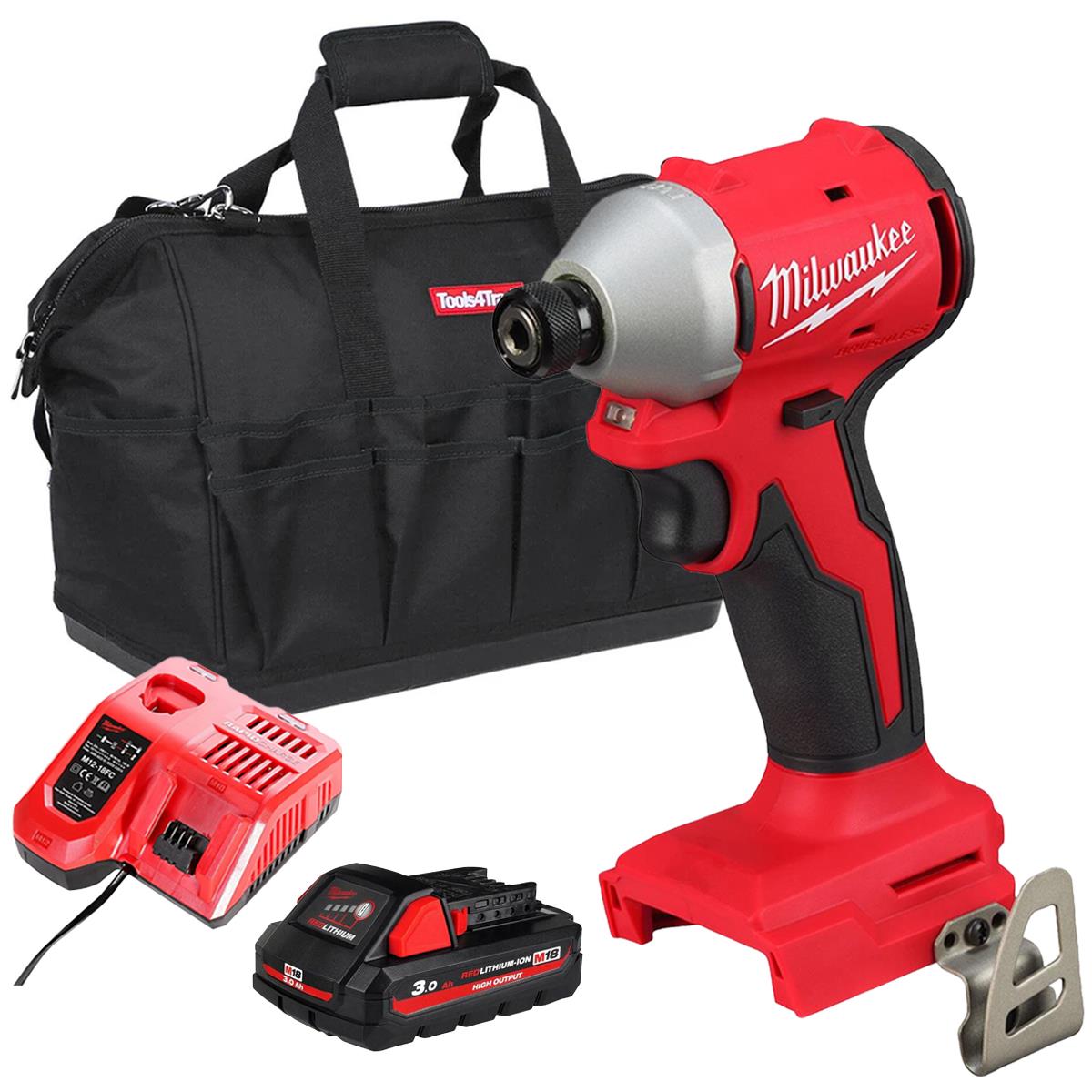 Milwaukee M18BLIDRC-0 18V Brushless 1/4" Impact Driver with 1 x 3.0Ah Battery Charger & Bag