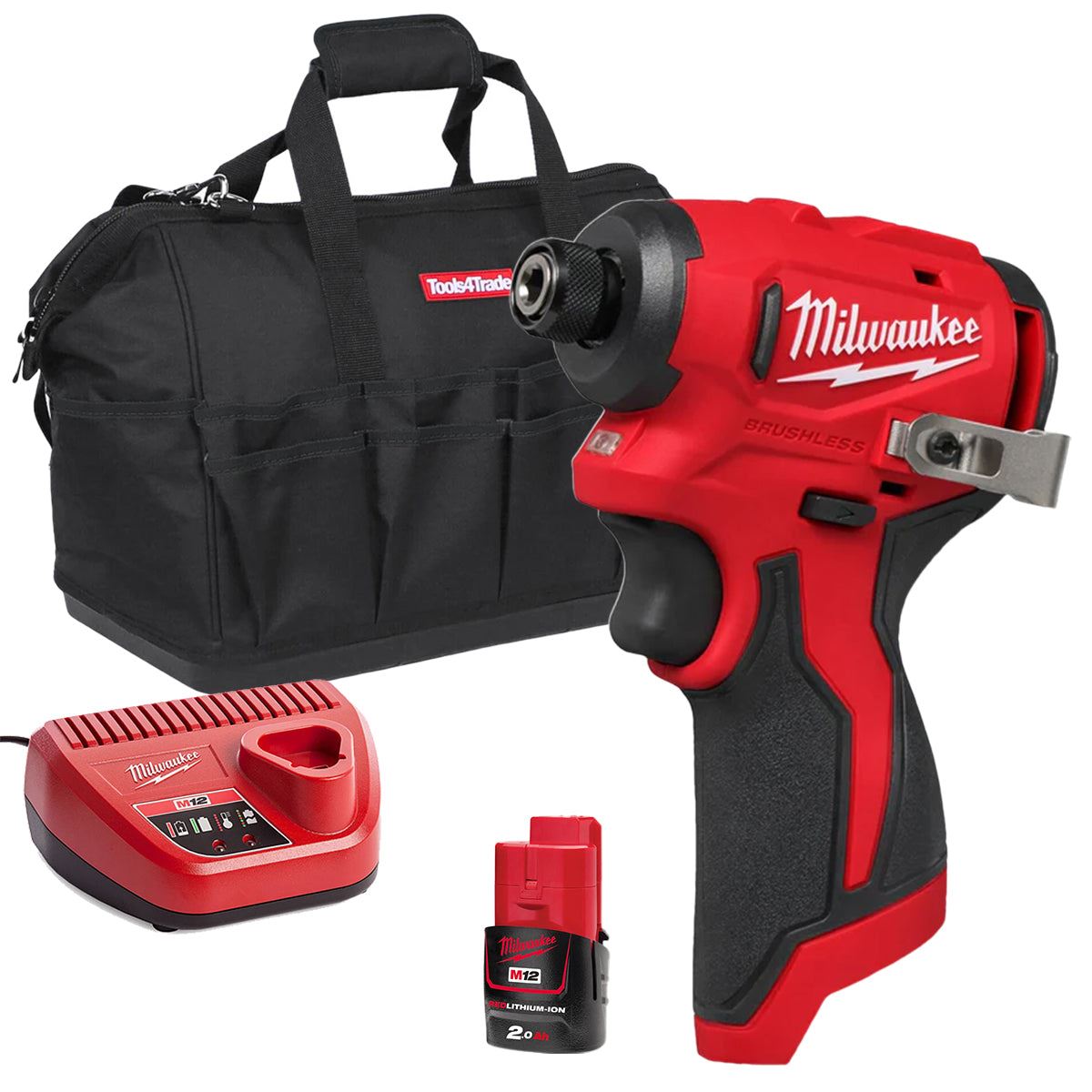 Milwaukee M12BLIDRC-0 12V Brushless Compact Impact Driver with 1 x 2.0Ah Battery Charger & Bag